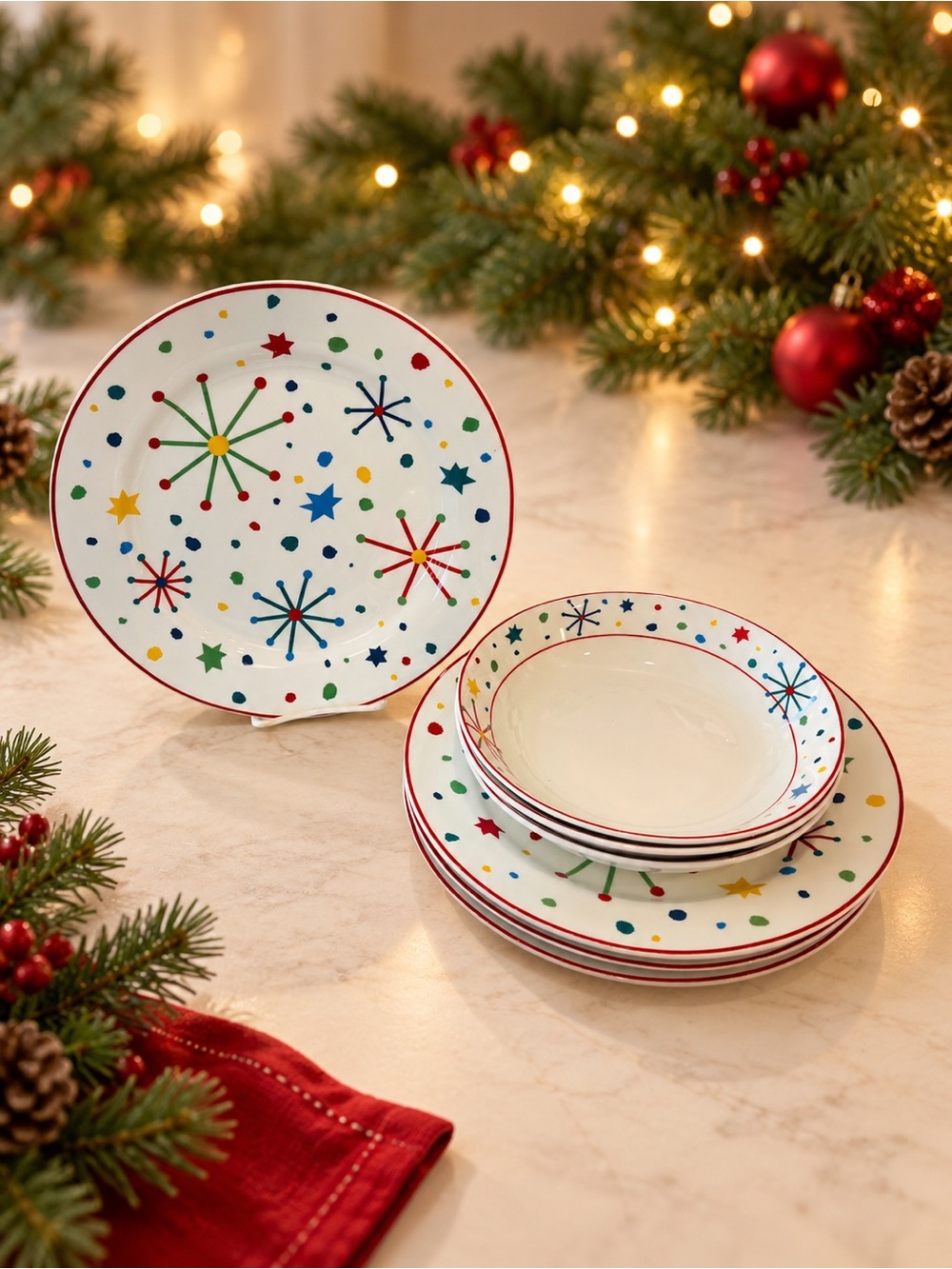 American Atelier Snow Whimsy Dinnerware 4 Dinner Plates 3 Bowls Domestications